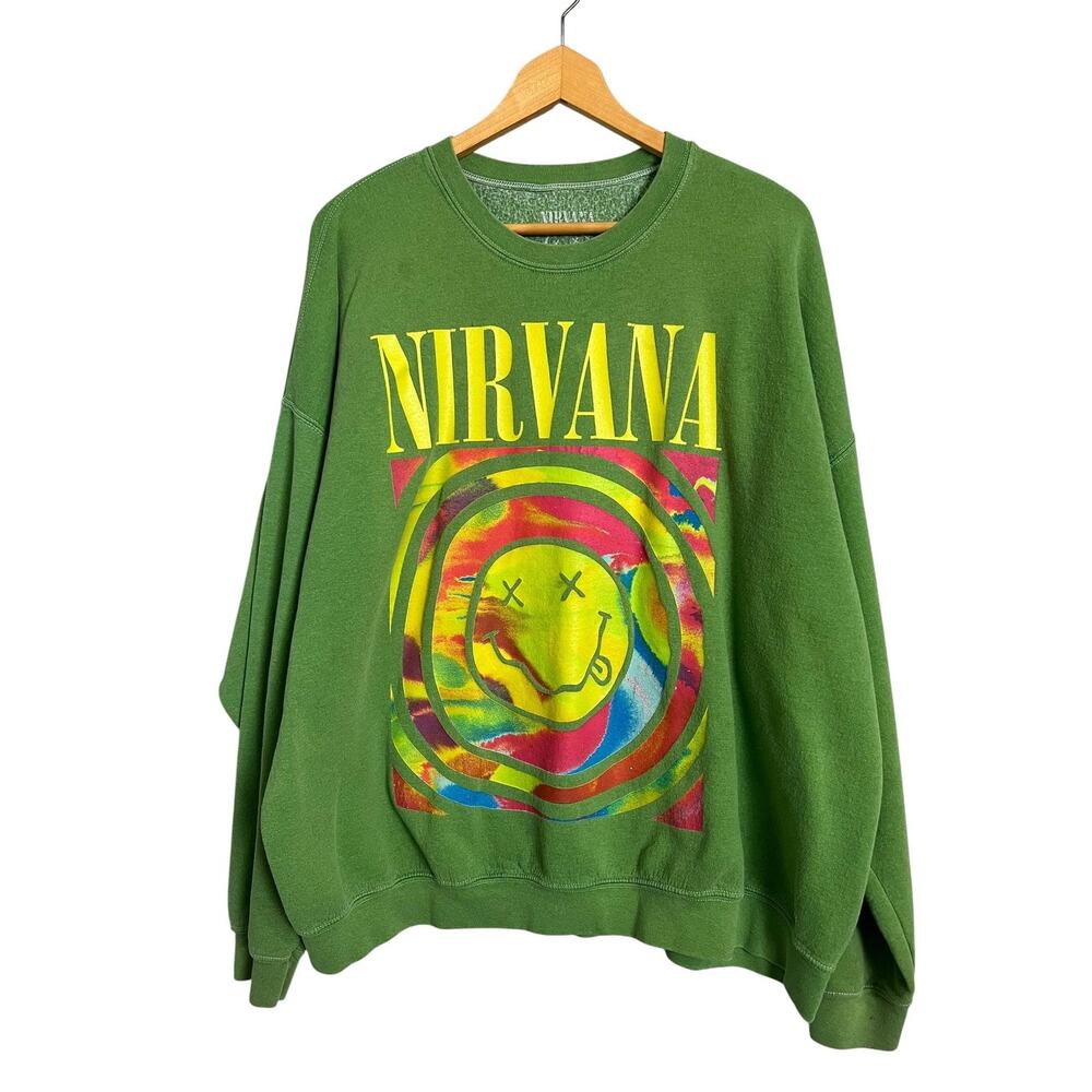 Nirvana Sweatshirt Mens L XL Green Graphic Fleece Pullover Crew Neck 90s Grunge